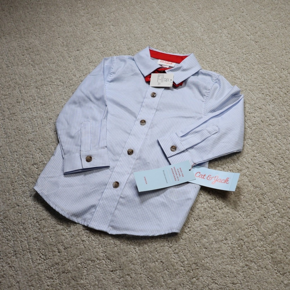 Cat & Jack Toddler Boys Blue Gingham Button Down Shirt Wrinkle Resistant 2T
